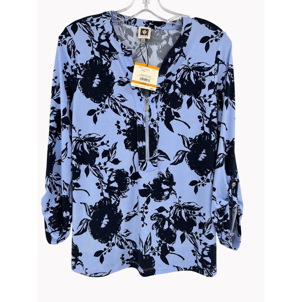 Anne Klein Size S Floral Split Neck Blouse Navy Light Blue Button Tab Sleeve New
